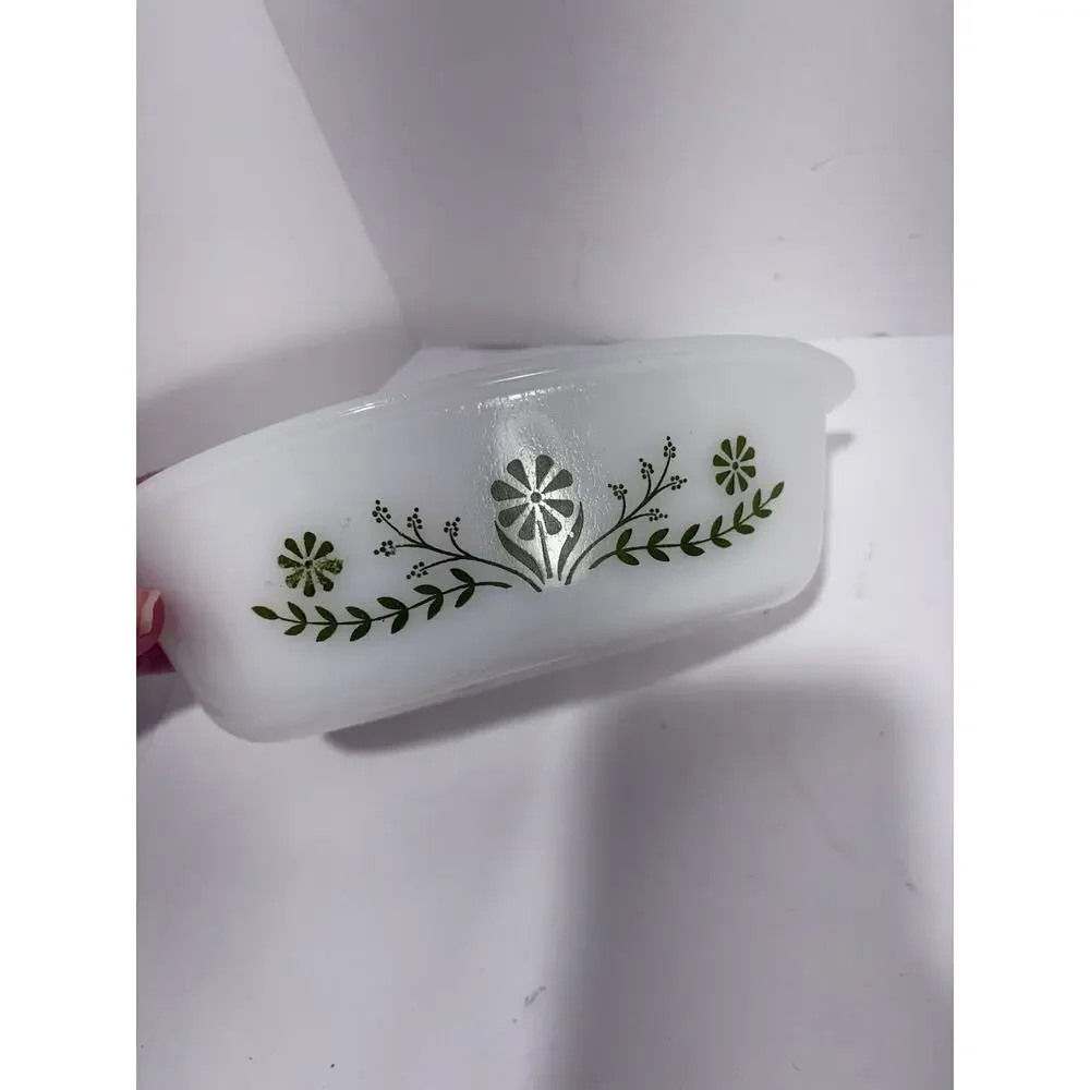 Vintage Glasbake Oval Casserole‎ Dish J235 1 QT Green Daisy Milk Glass